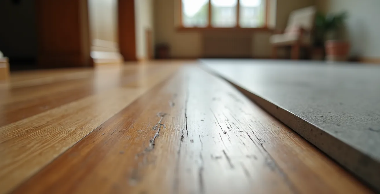 Détail architectural d'une transition entre deux espaces avec changement de matériaux au sol