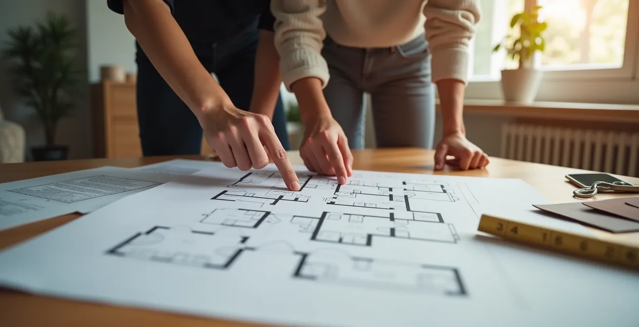 Couple examinant des plans d'aménagement évolutif de leur maison